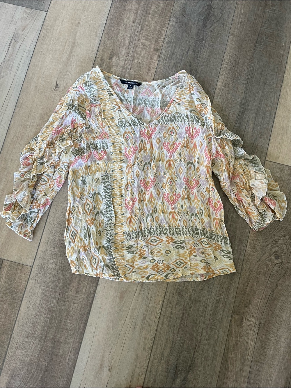 Zac & Rachel Petite Ikat Print V-Neck Blouse with Ruffle Sleeves PL